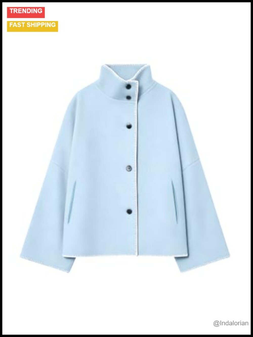 Wool Blend Cropped Pea Coat Stand Collar Button Down Jacket